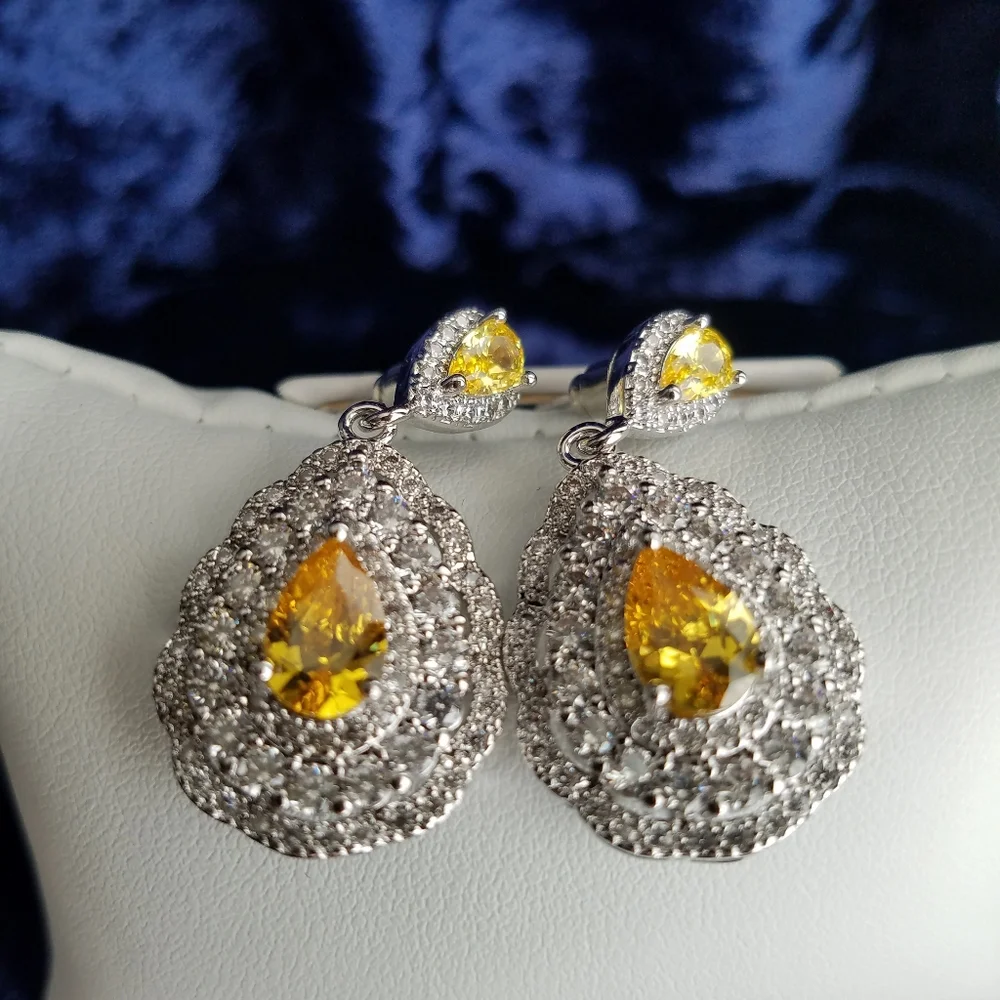 Swarovski Elements 925 Sterling Silver Large Yellow Citrine Teardrop Earrings - Picture 5 of 12
